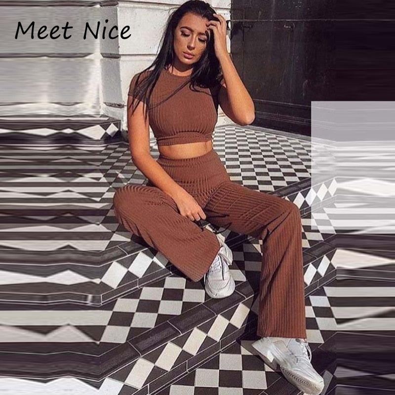 2 Two Piece Set Women Ribbed O Neck Crop Top and Long Pants Set Sexy Autumn Short Sleeve Tracksuit Women Conjunto Feminino 2022