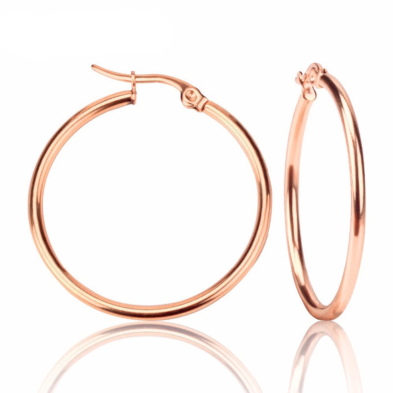 BOBOTUU Steel Gold Black Color Fashion Earrings Jewelry Stainless Steel Big Circle Round 20-60mm Hoop Earrings For Women BE18110
