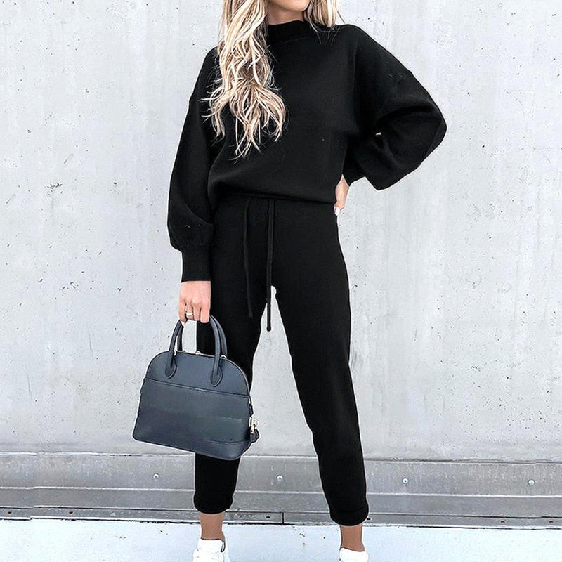 2021 autumn and winter new style women's fashion high collar leisure long sleeve solid color sweater pants two-piece set