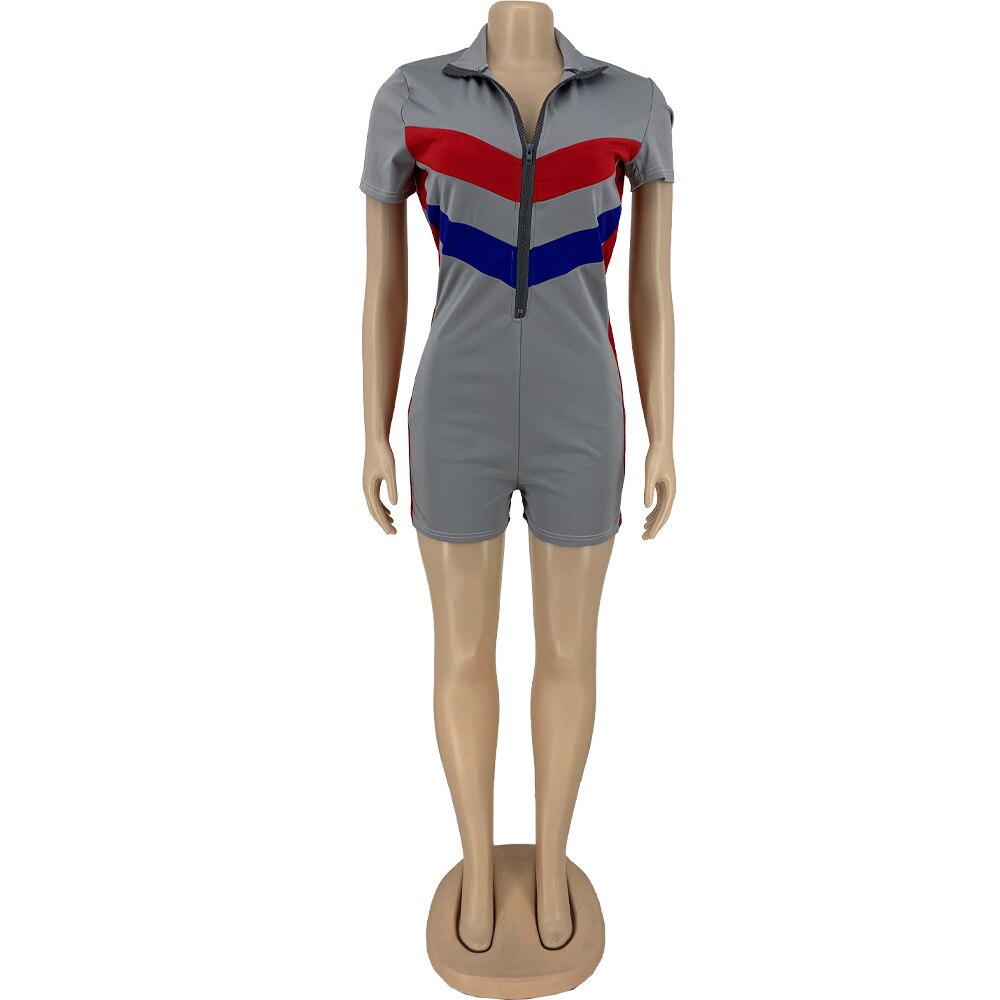 Romper Playsuit Shorts Jumpsuit Women Rumpers Fashion Zipper V Collar Short Sleeve Rompers Overall Leopard Patchwork Bodysuit