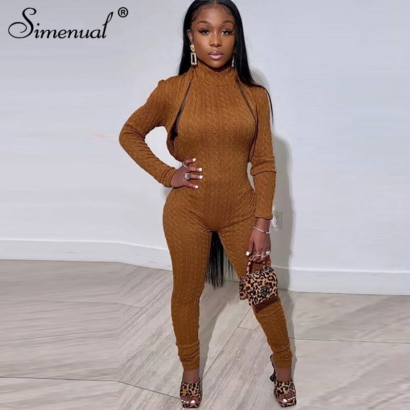 Simenual Knitting Twist Crop Top And Jumpsuit Matching Sets Casual Long Sleeve Women Halter Clothing Bodycon 2 Piece Outfits Hot