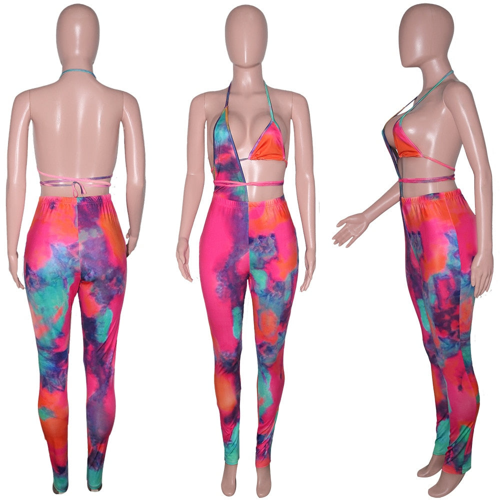 hirigin Gradient Tie Dye Print Jumpsuits for Women Halter Neck Backless Party Club Outfit Summer Hollow Irregular Catsuits