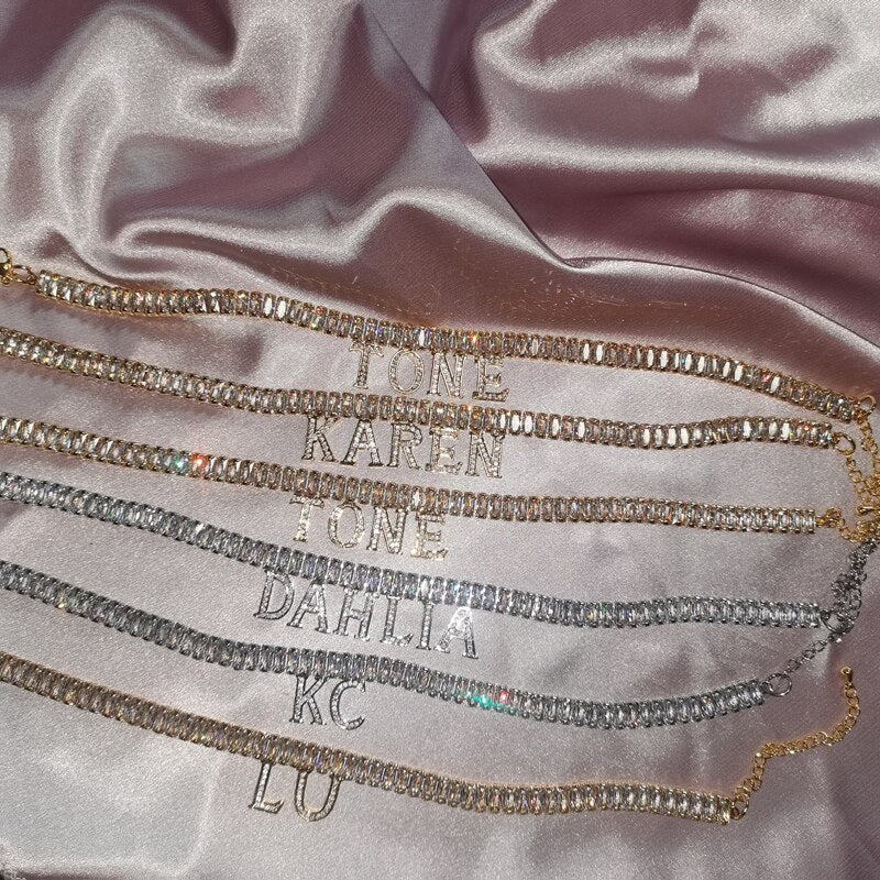 Personalized Custom Name Bracelet Anklet Letters Silver Plating  Tennis Chain Adjustable Bracelet for Women
