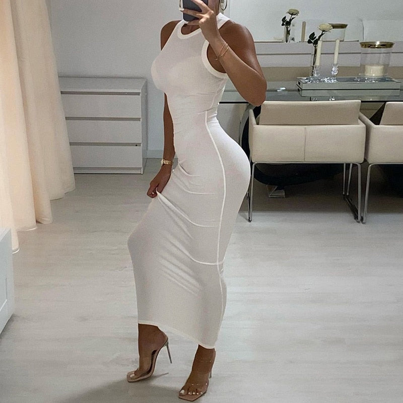 Inwoman Ribbed Knitted Summer Black White Maxi Dress For Women 2022 Sexy Bodycon Long Dress Sundress Ladies Brown Wrap Dresses