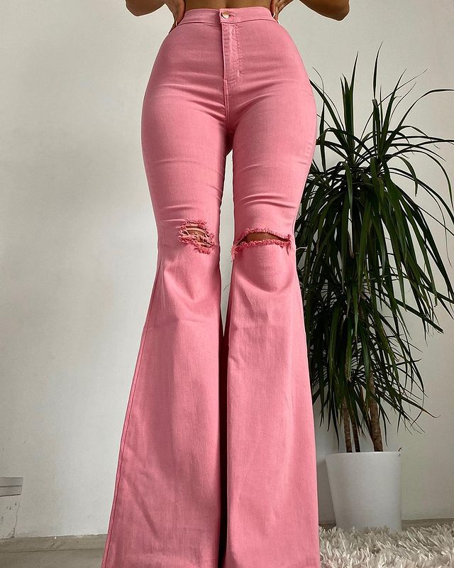 Skinny Flared Jeans High Waist Solid Color Knees Hole Tight Denim Pants Washed Wild Stylish Chic Sexy Tassel Hem Trousers