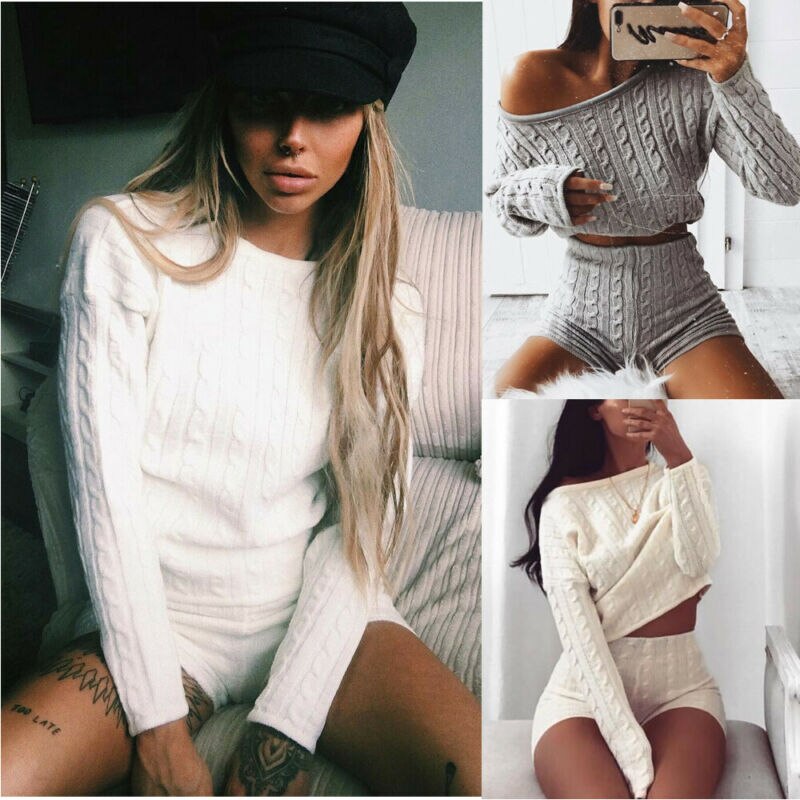 NEW 2020 Knit 2 Piece Set Women's Long Sleeve Crop Tops &amp; Short Pants Sexy Winter Sweater Two Piece Clothing Set