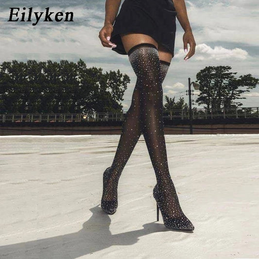 Eilyken 2022 Fashion Runway Crystal Stretch Fabric Sock Boots Pointy Toe Over-the-Knee Heel Thigh High Pointed Toe Woman Boot