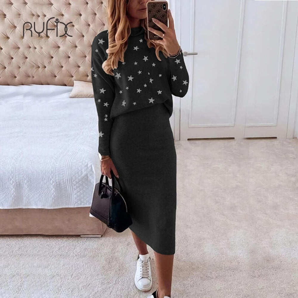 2022 Autumn winter Women Skirt 2 Piece Set Long Sleeve Turtleneck Slim Skirt Set Elegant Office Lady Knitted Sweater Skirt Suit