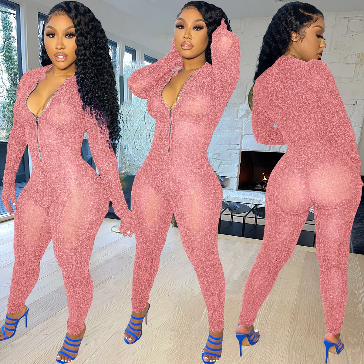 Glitter Silk Striped Fitness Rompers Womens Jumpsuits Workout Sporty Active Wear Fashion Long Sleeve Zipper Bodycon Jumpsuits