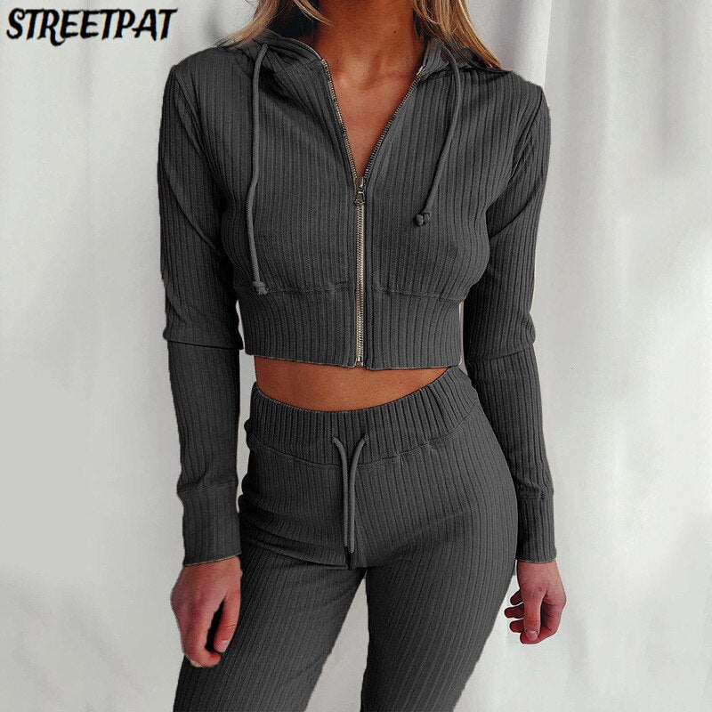 Ribbed Hoodie Two Piece Set Tracksuit Women Long Sleeve Sweatshirt Pencil Pants Suit Joggers Sport Fitness Outfits Sweatsuits