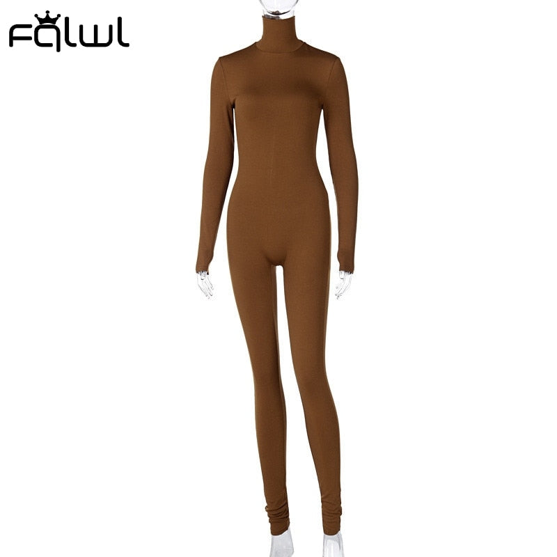 FQLWL Winter Long Sleeve Brown Sexy Bodycon Jumpsuit Women Romper One Piece Outfit Turtleneck White Black Jumpsuit Female Ladies