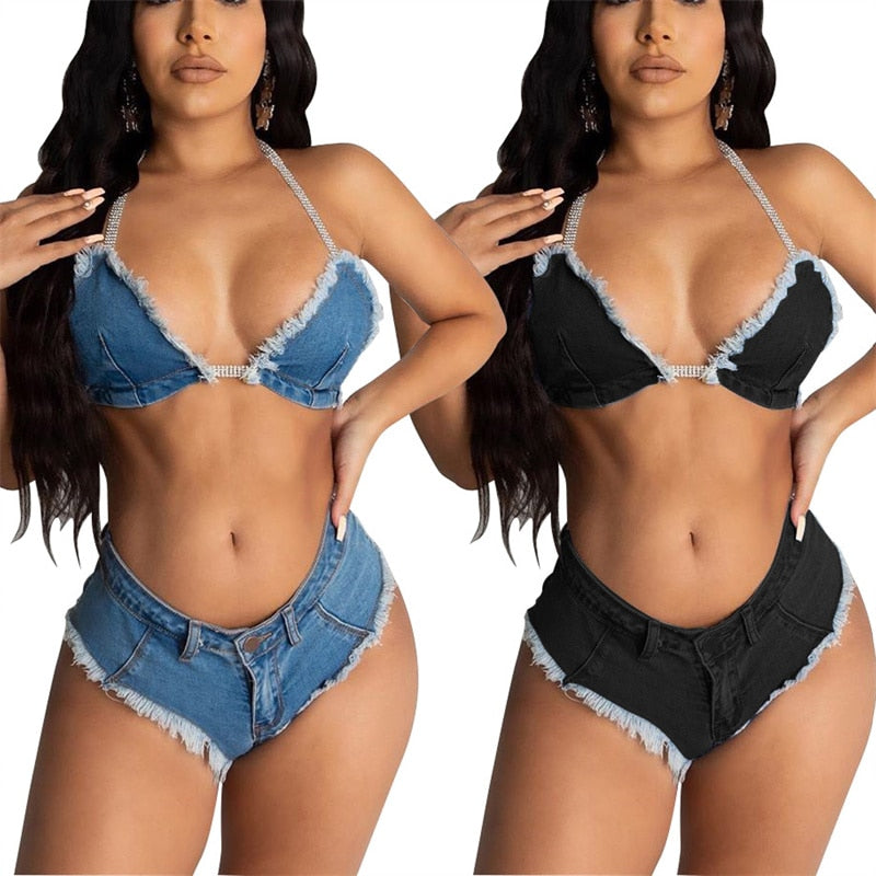 CHRONSTYLE Sexy Jean Summer 2 Piece Denim Off Shoulder Bra Crop Tops Biker Shorts Outfits Women Summer Clubwear Tracksuits 2021