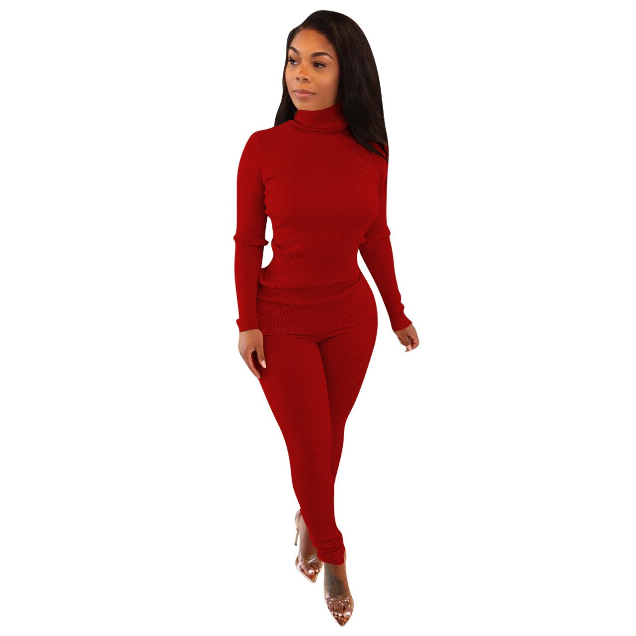 CM.YAYA Basic Ribbed Women's Tracksuit Turtleneck Sweater Tops and Pants Suit Matching Two 2 Piece Set Outfits Knitted Sweatsuit