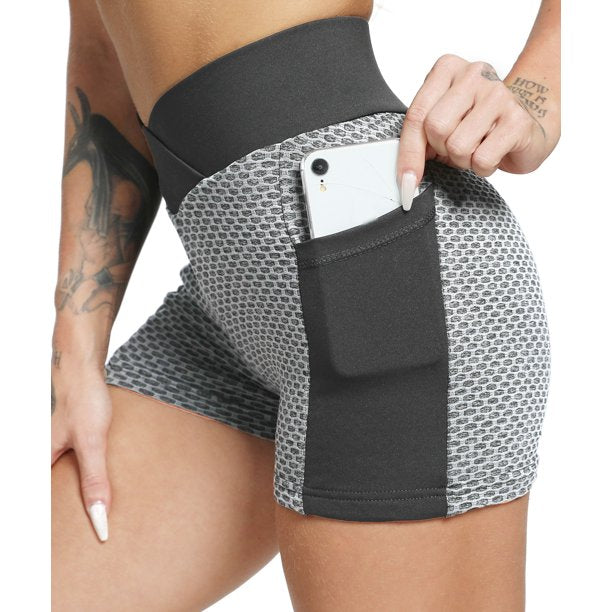 High V-waistband Sport Shorts with Side Pocket for Women Honeycomb Texture Butt Lift Leggings Fitness Gym Yoga Biker Short Pants