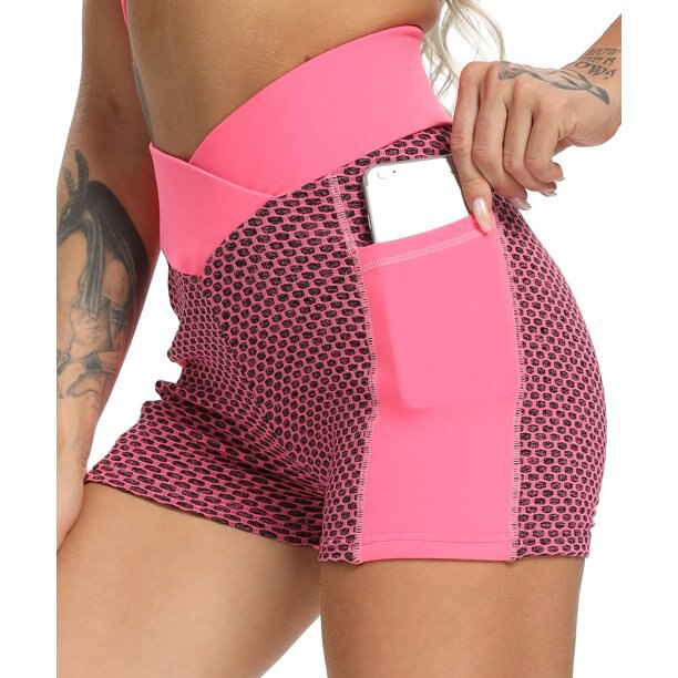 High V-waistband Sport Shorts with Side Pocket for Women Honeycomb Texture Butt Lift Leggings Fitness Gym Yoga Biker Short Pants