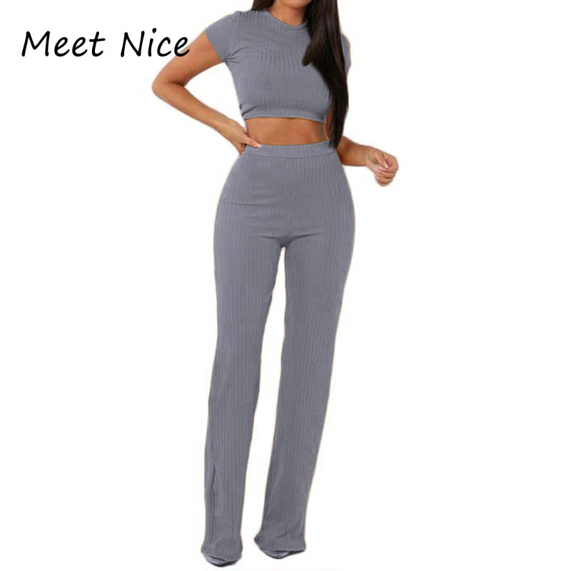 2 Two Piece Set Women Ribbed O Neck Crop Top and Long Pants Set Sexy Autumn Short Sleeve Tracksuit Women Conjunto Feminino 2022