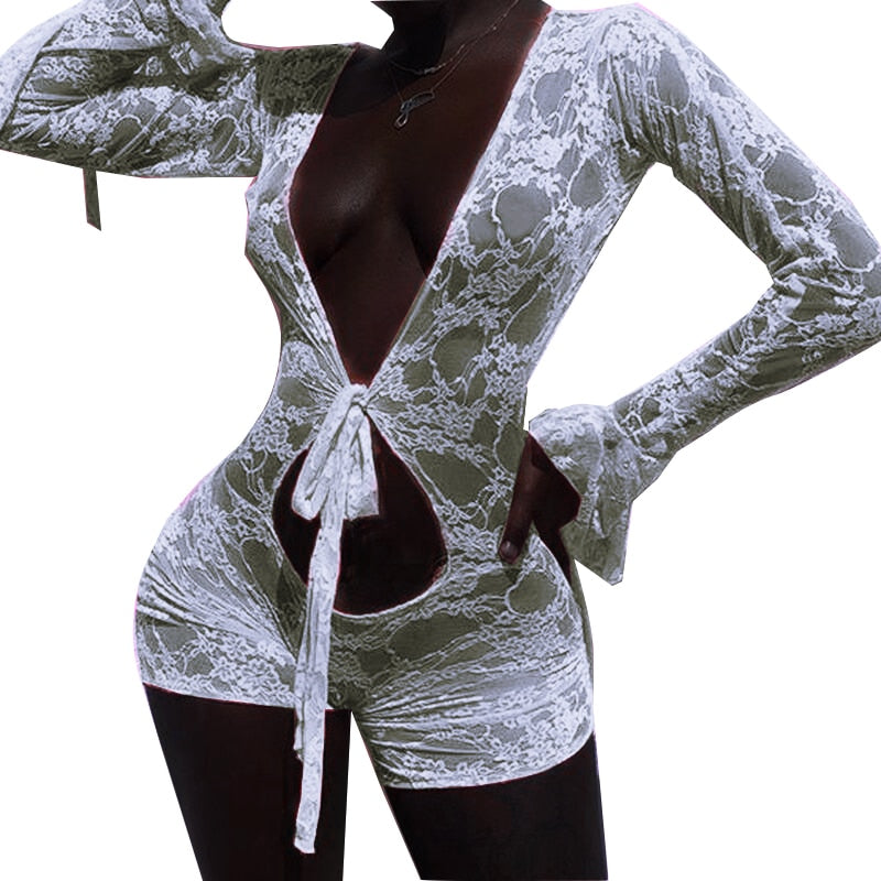 2021 Hot Sexy Women Mesh Sheer Hollow Out Rompers Onesies Shorts Pink Deep V-Neck Flare Sleeve Floral Bodycon Playsuit Jumpsuit
