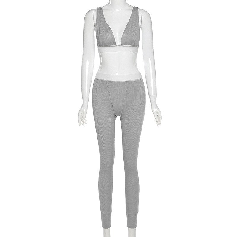 Fitness Knit Rib Tracksuit Women Summer Sexy Lounge wear V Neck Backless Crop Top with Sweatpants Two Piece Set Jogging Femme