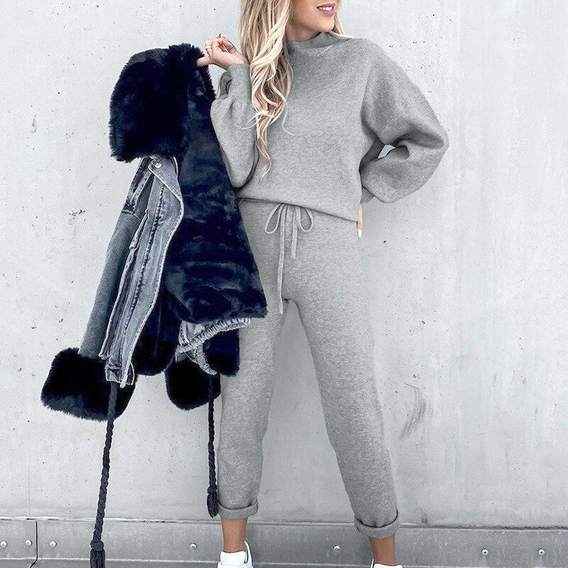 2021 autumn and winter new style women's fashion high collar leisure long sleeve solid color sweater pants two-piece set