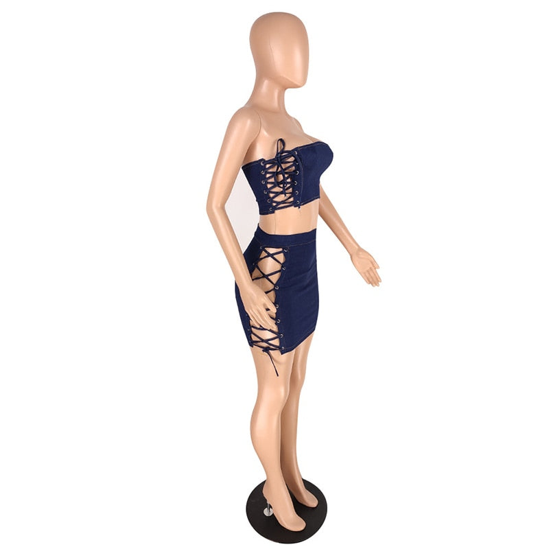 Beyprern Fashion Hollow Out Laced Denim Skirt Set (Navy) Summer Women  Jeans Crop Top And Bandage Set Two-Piece Outfits Clubwear