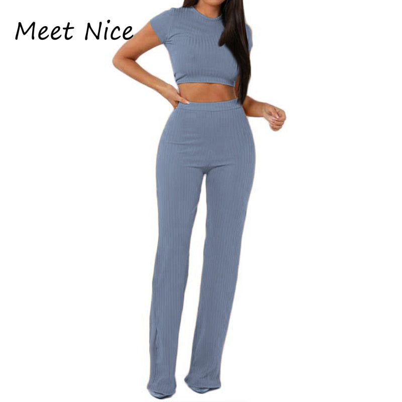 2 Two Piece Set Women Ribbed O Neck Crop Top and Long Pants Set Sexy Autumn Short Sleeve Tracksuit Women Conjunto Feminino 2022