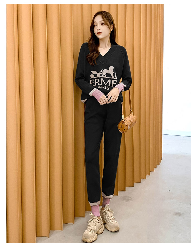 Design 2 Pieces Set Women Oversize Tracksuit V NECK Sweater Pullover Straight Pant Sweater Set CHIC Knitted Outwear Sweater Suit