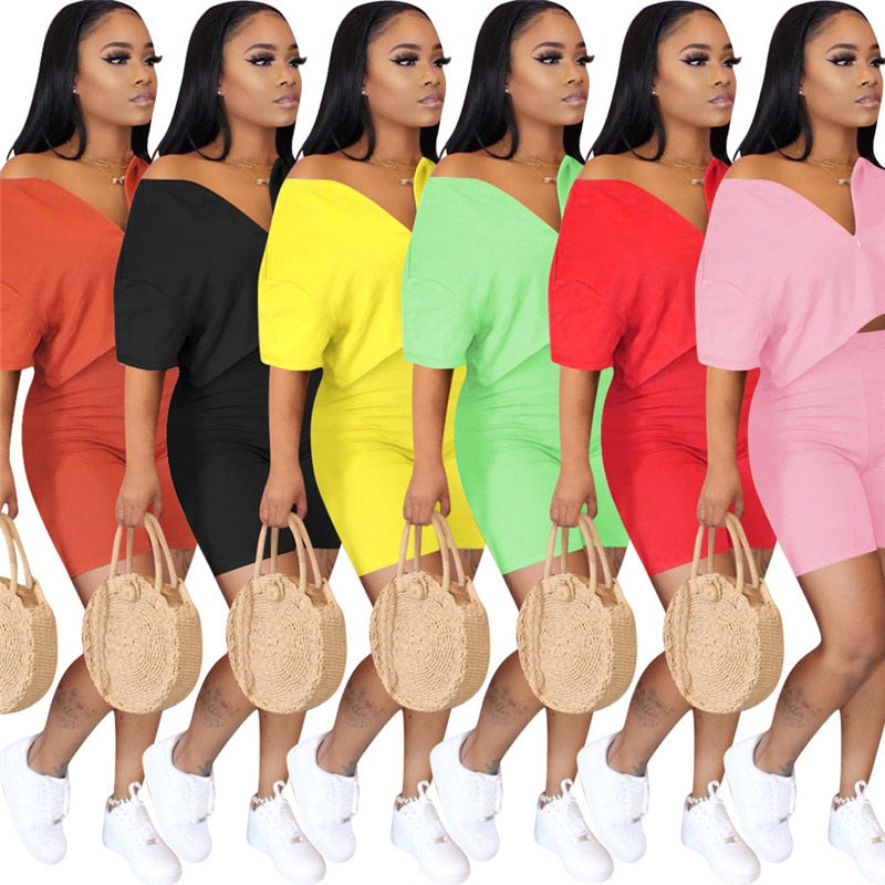 Plus Size Two Piece Set Women Clothes 2020 Casual Tracksuit Crop Top Biker Shorts Set Lounge Wear Matching Sets 2 Piece Outfits