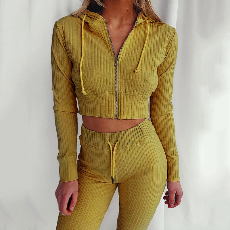 Ribbed Hoodie Two Piece Set Tracksuit Women Long Sleeve Sweatshirt Pencil Pants Suit Joggers Sport Fitness Outfits Sweatsuits
