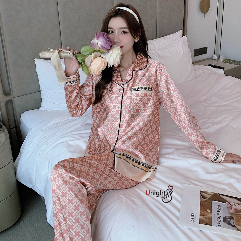 2022 New Spring Satin Silk Home Plaid Trouser Suit oversized 5XL Adult Costume Women's Pajamas for Sleep Luxury Nightwear