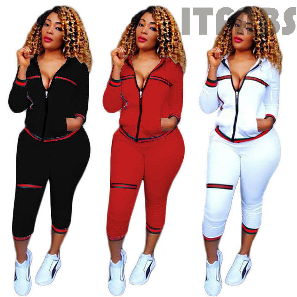 2021 Autumn Women's Sportswear 2pcs Women's Hooded Long Sleeve Zip Crop Tops Long Pants Trousers Loose Casual Clothes Set