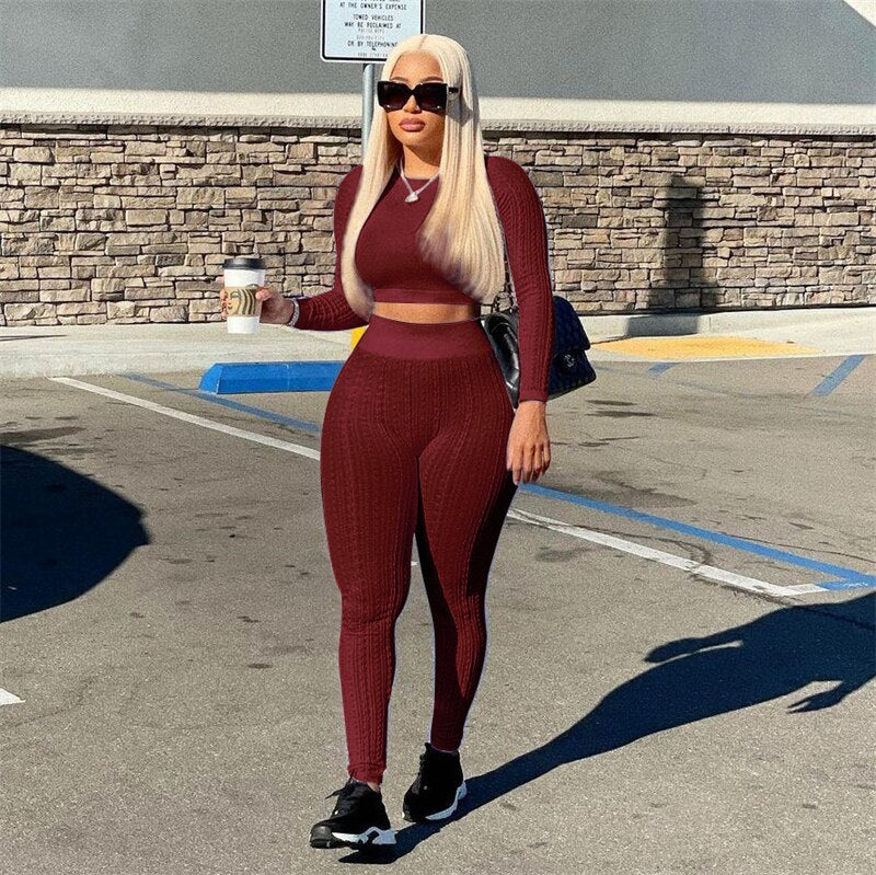 Adogirl Sweater Patchwork Solid Two Piece Set Women Tracksuit Long Sleeve Crop Top High Waist Pants Stretchy Casual Suits
