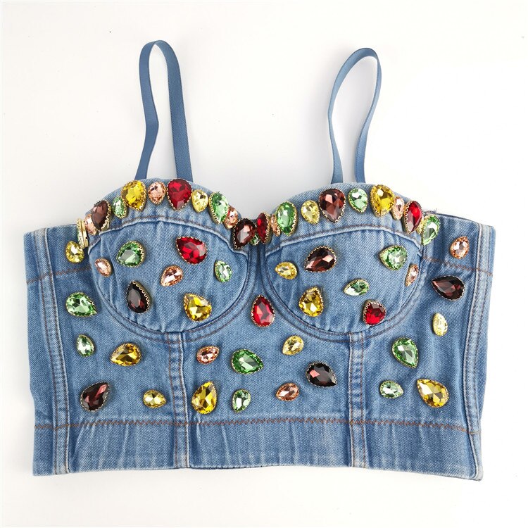 SXTHAENOO Fashion Sexy Denim Jeans Women's Button Bustier Bra Night Club Party Cropped Top Vest Plus Size