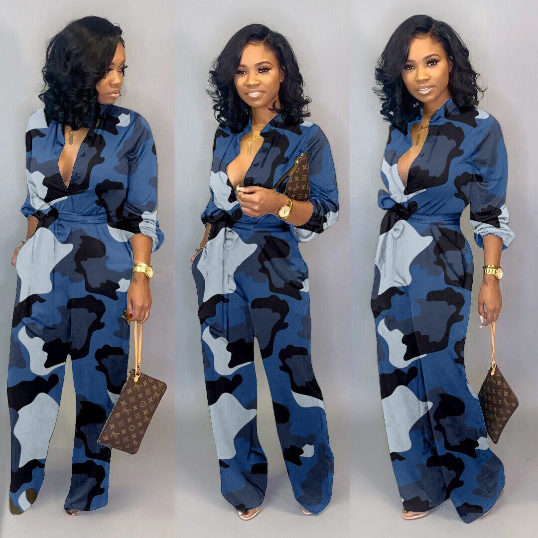 Camo Print Women Jumpsuit Autumn Long Sleeve Wide Leg Pants Elegant Rompers Casual Loose Plus size Overalls with Pocket