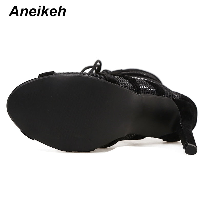 Aneikeh 2022 Fashion Basic Sandals Boots Women High Heels Pumps Sexy Hollow Out Mesh Lace-Up Cross-tied Boots Party Shoes Party