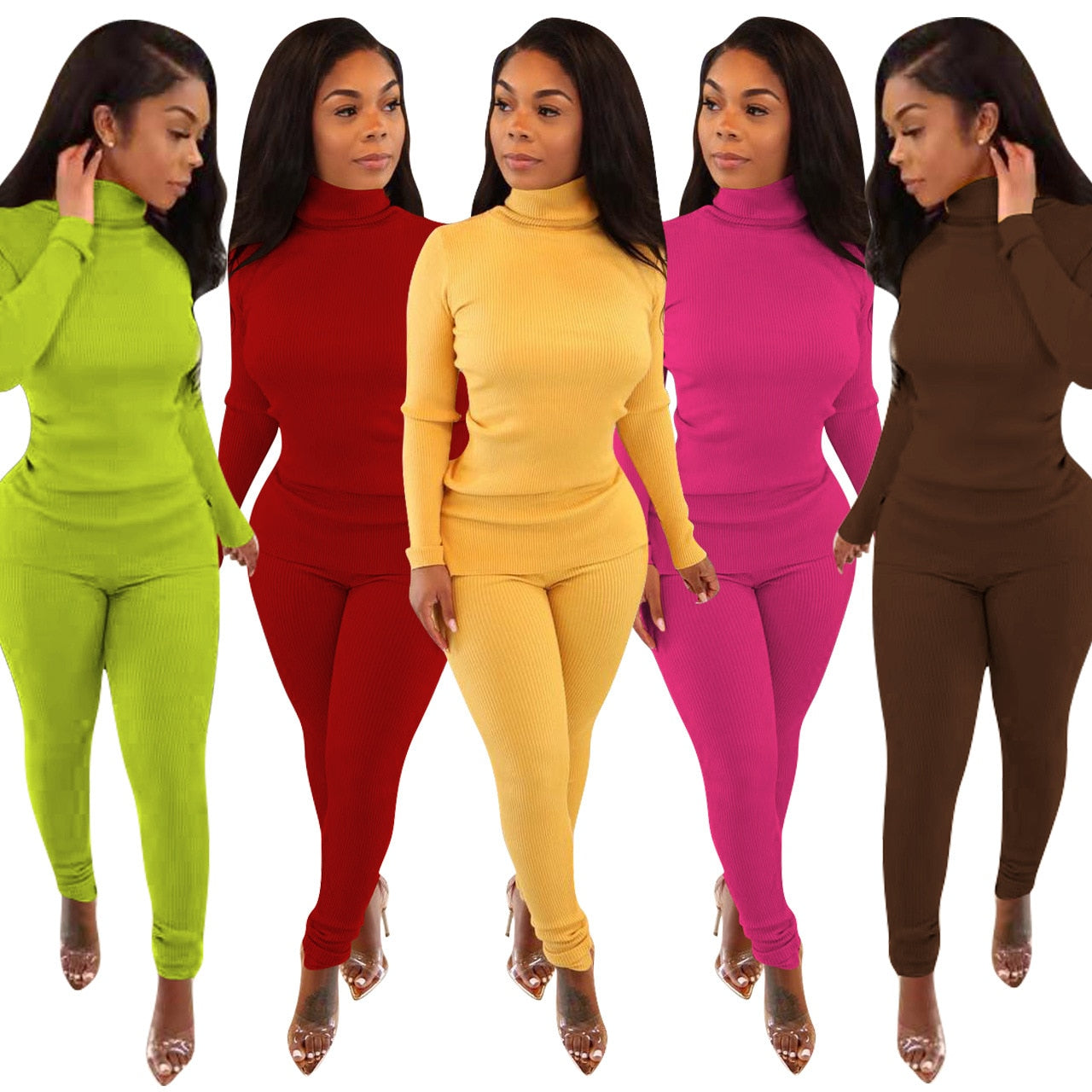 Lounge wear Knitted Rib Solid Tracksuit Women Casual Sport Fitness Turtleneck Sweater Top + Leggings Two Piece Set Club Outfits
