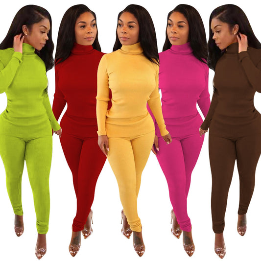 Lounge wear Knitted Rib Solid Tracksuit Women Casual Sport Fitness Turtleneck Sweater Top + Leggings Two Piece Set Club Outfits
