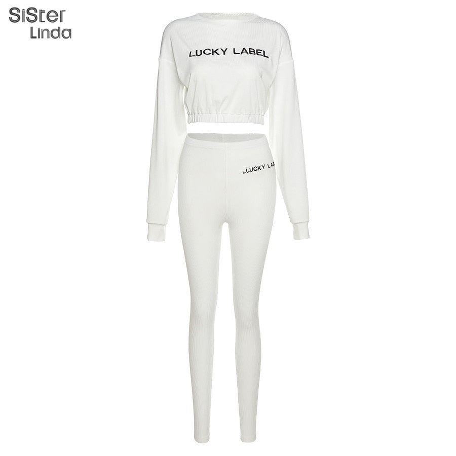 Fashion Rib Lucky Label 2 Piece Set Women Tracksuit Fall Crop Tops Leggings Casual Sweet High Stretch Jogger Outfits Streetwear