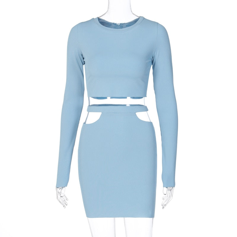 Dulzura ribbed hollow out women 2 piece set crop top long sleeve button mini skirt bodycon sexy streetwear autumn winter co ords