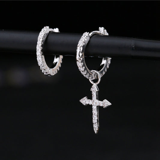 New Fashion Mini Zircon Cross Drop Pendant Hoop Earrings Hip Hop Asymmetric Dangle Earrings For Women Men Jewelry Ear Accessorie