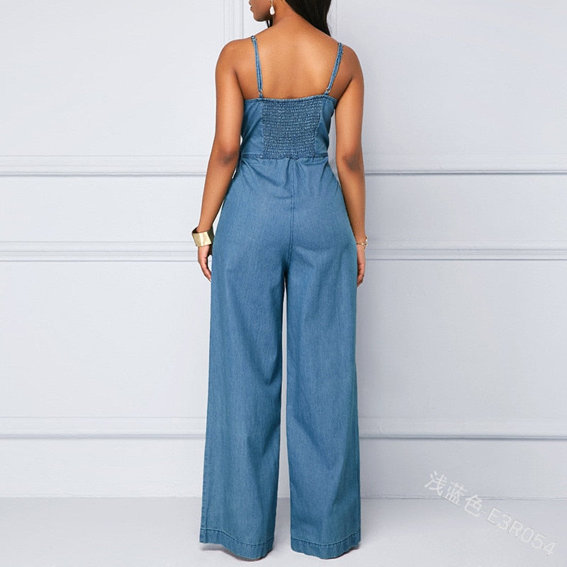 HIRIGIN Summer Women's Denim Jumpsuit Sexy High Waist Wide Leg Long Pants Romper Front Tie Knotted Jeans V-neck Overalls 2021