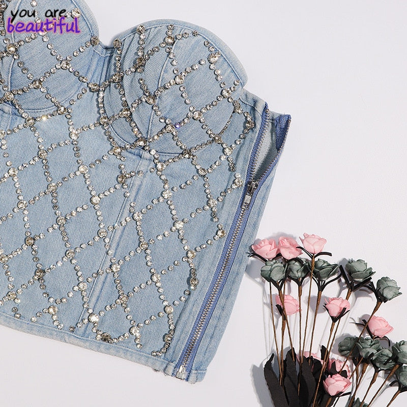 Sexy halter Denim Rhinestone corset crop top women corset tube top woman built in bra sequins off shoulder sleeveless jeans tee