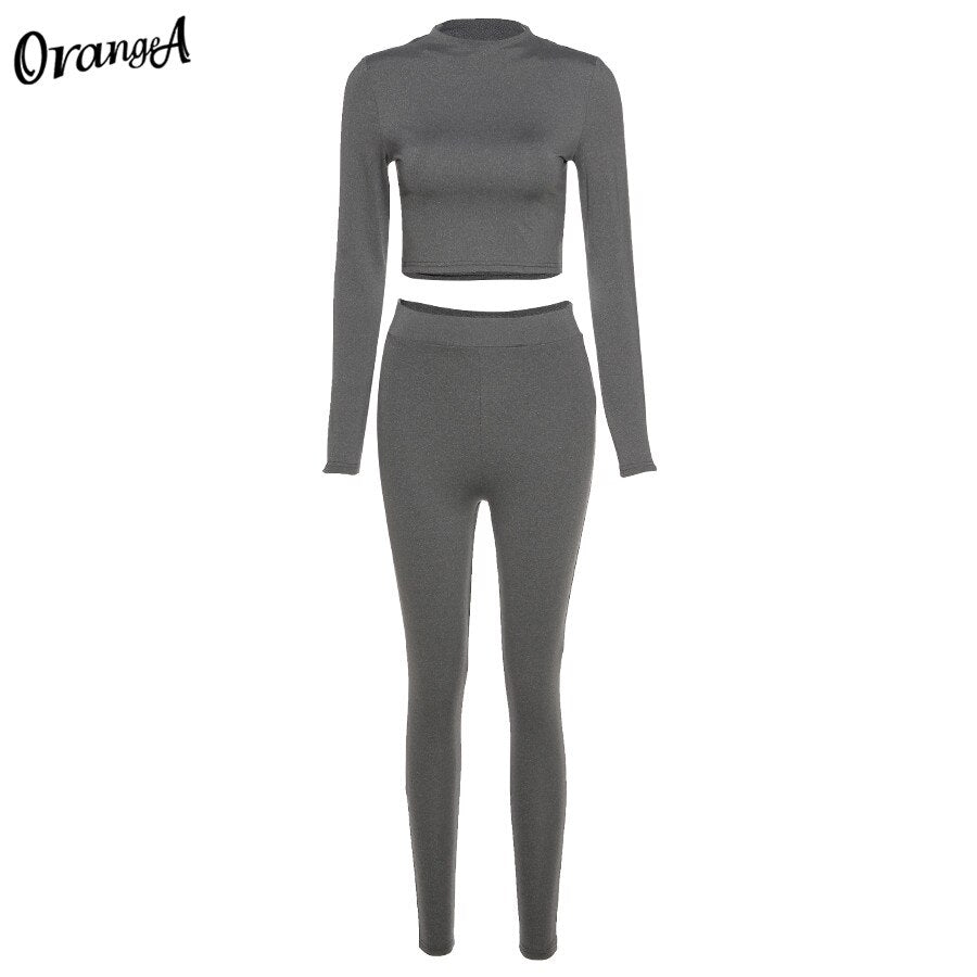 OrangeA turtleneck tracksuit women solid long sleeve crop top leggings sporty bodycon streetwear stretchy matching set outfits