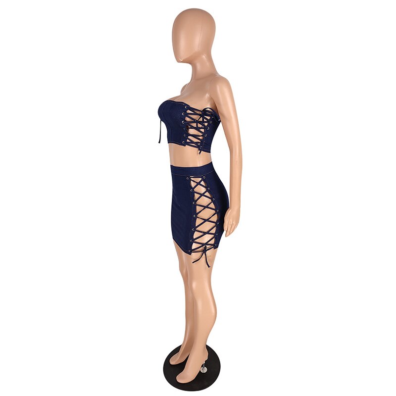 Beyprern Fashion Hollow Out Laced Denim Skirt Set (Navy) Summer Women  Jeans Crop Top And Bandage Set Two-Piece Outfits Clubwear