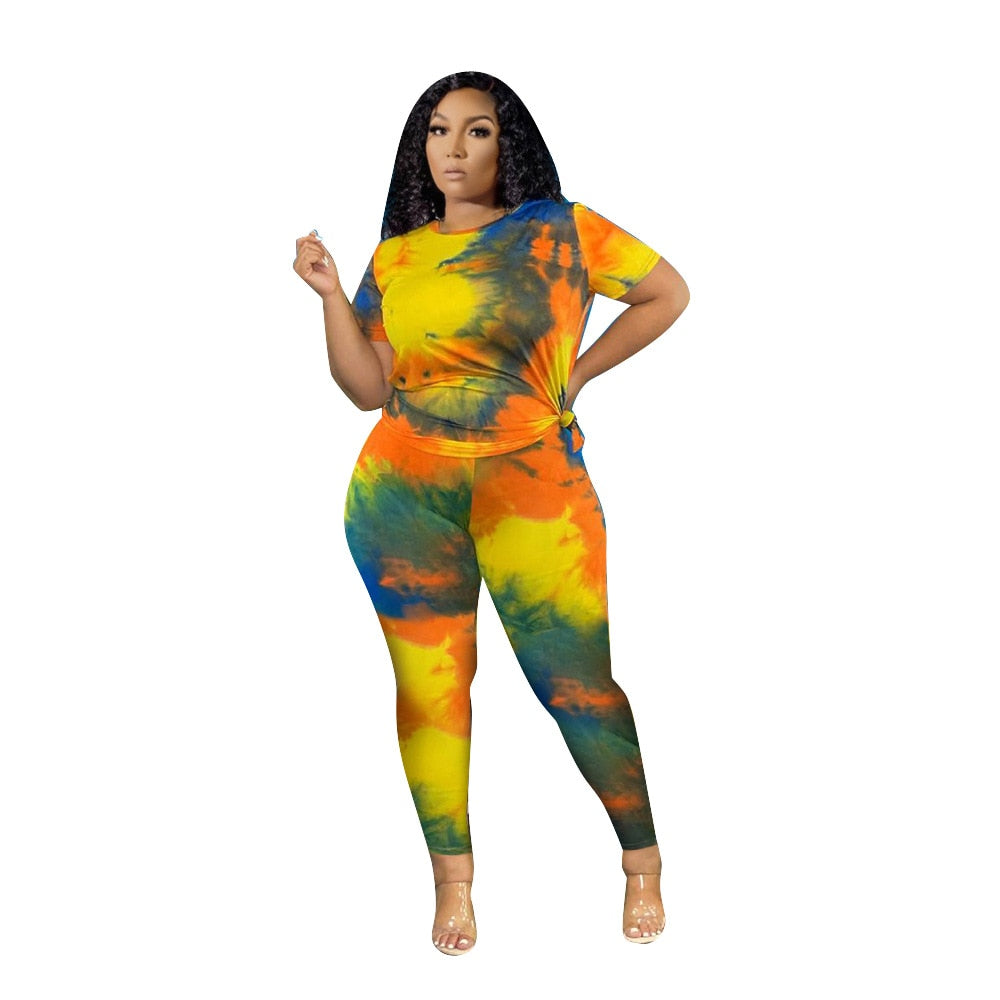Plus Size Women Clothing 2 Piece Set Outfits Tie Dye Pants Sets Crop and Top Summer Fashion Streetwear Wholesale Dropshipping