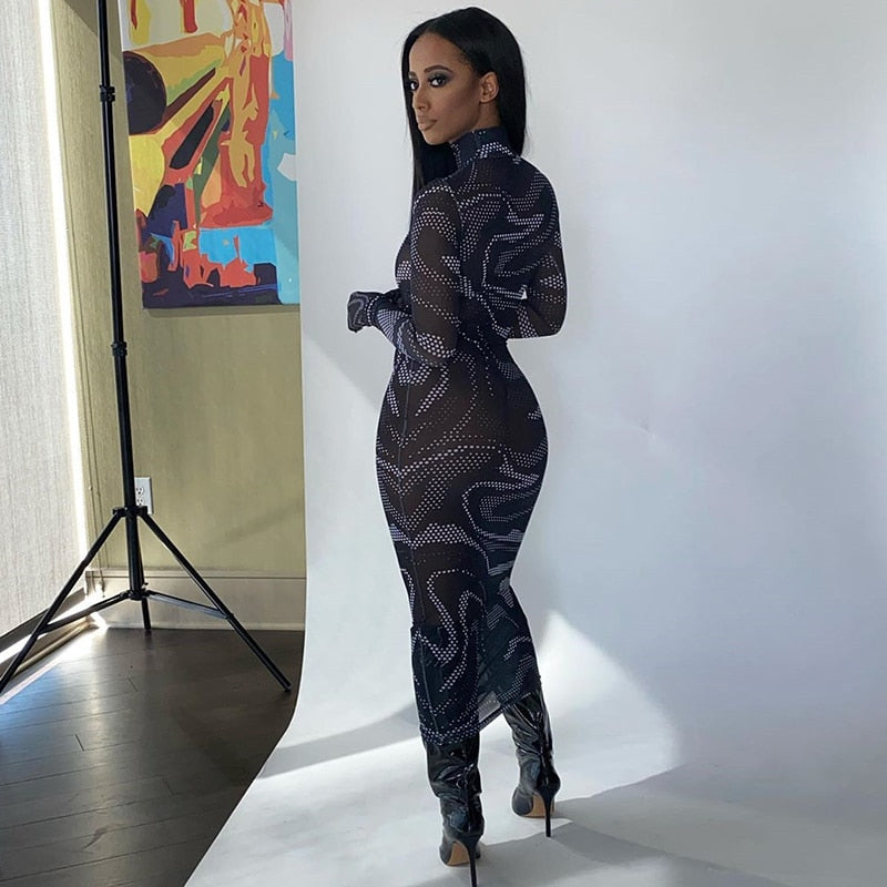 Mesh See Through Sexy Hot Maxi Dress Women Long Sleeve without Gloves Party Clubwear Print 2020 Hollow Out Bodycon Dresses