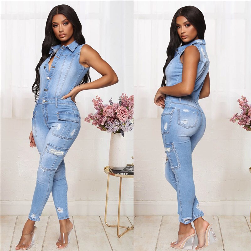 Casual Slim Sleeveless Stretch Ripped Jeans Jumpsuit Denim Playsuit 2021 Summer Cotton Jump Suit Party Club Overalls Cargo Pants