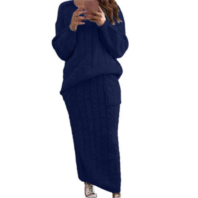 Fashion Streetwear Ribbed Knitted 2 Piece Outfits Full Sleeve Sweater Matching Set Plus Size Skirt Elegant Casual Fall Clothing