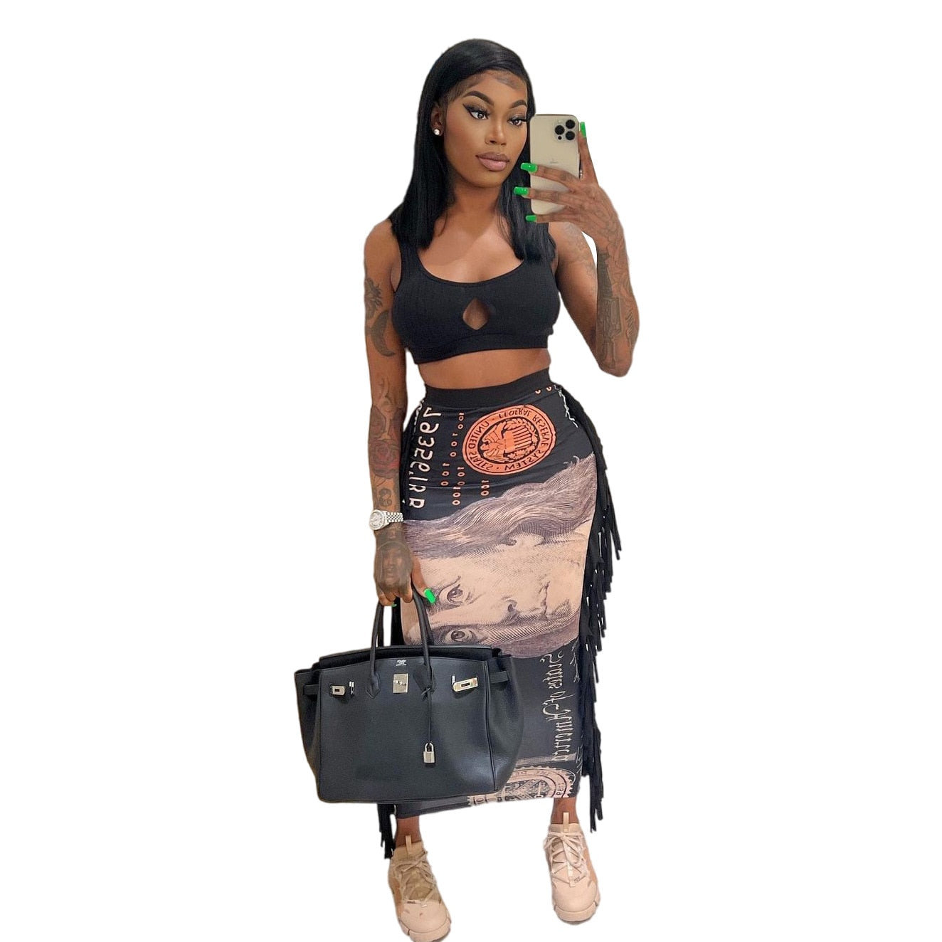 2022 Autumn And Winter New Style Woman Skirts Streetwear Fashion Tassel Dollar Print High Waist Slim Skirt Long Skirts For Women