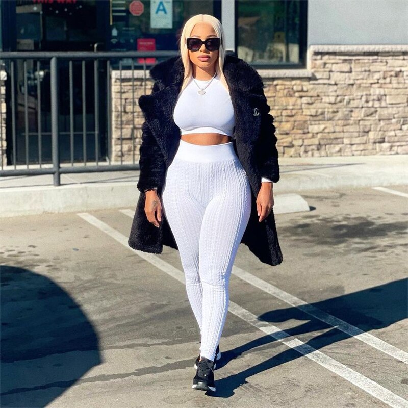 Adogirl Sweater Patchwork Solid Two Piece Set Women Tracksuit Long Sleeve Crop Top High Waist Pants Stretchy Casual Suits