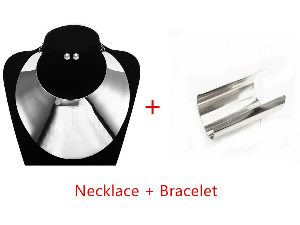 Liffly African Big Chokers Necklaces for Women Statement Metal Geometric Collar Necklace Bracelet Indian Party Jewelry Sets